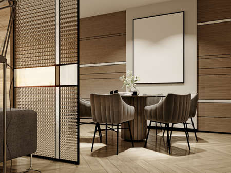 Evening interior dining room with a round dining table and black soft chairs and white walls with a glass partition and a large painting. 3D rendering.の写真素材