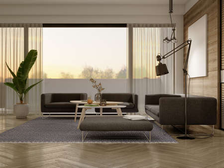 Contemporary style living room evening interior with wood panel wall with picture and fashionable furniture. 3D rendering.の写真素材