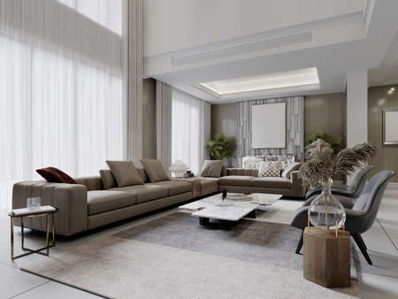 Contemporary living room in light colors with high ceilings and trendy contemporary furnishings. 3d...