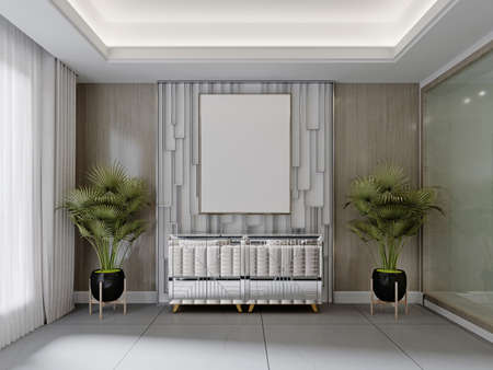 A chrome-plated mirrored chest of drawers with an empty picture on the decorative wall and two flowerpots. 3d rendering.の写真素材