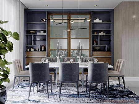 Modern dining room with blue furniture and a dining table with spotted carpet near the window. 3d rendering.の写真素材