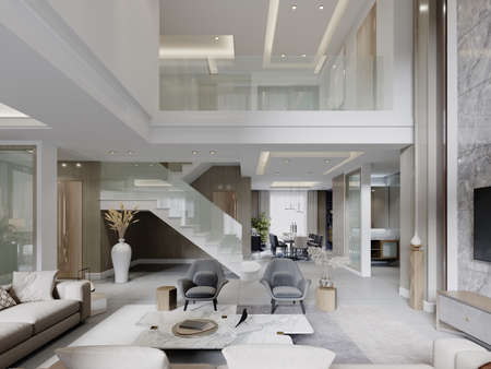 A two-level interior with high ceilings in a contemporary style with a living and dining area. 3d rendering.の写真素材