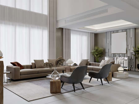 Contemporary living room in light colors with high ceilings and trendy contemporary furnishings. 3d rendering.の写真素材