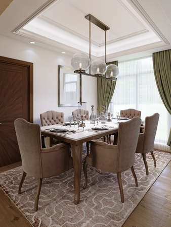 Dining table for six with soft brown chairs and a wooden server table and glass pendant light. 3d rendering.の写真素材