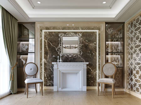Front view of a black marble wall with a white fireplace and glass shelves and two classic armchairs. 3d rendering.の写真素材