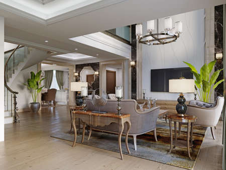 Living area in a large two-story house with luxurious quilted furniture side tables and a decorated console. 3d rendering.の写真素材
