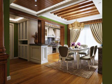 Arabic style kitchen and dining room with white furnishings and green walls and wood fittings. 3d rendering.の写真素材