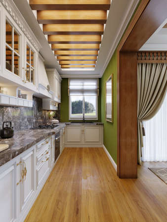 White kitchen furniture in the interior of the kitchen in the Arabian style with green walls and wooden ceiling backlighting. 3d rendering.の写真素材