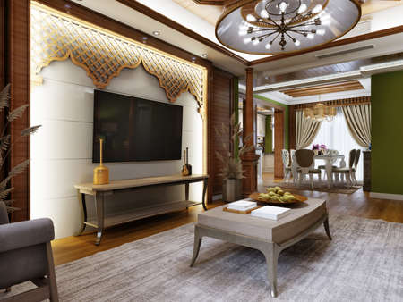 TV area with console and decorative wood wall in Arasan style. 3d rendering.の写真素材