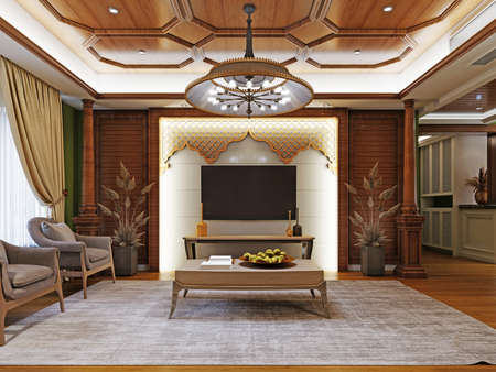 TV area with console and decorative wood wall in Arasan style. 3d rendering.の写真素材