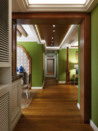 Hall corridor with elements of arabic design and patterns with green walls and wooden elements. 3d rendering.の写真素材
