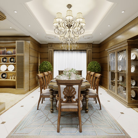 Luxurious dining room interior in classic style with wooden walls and wooden dining furniture. 3d rendering.の写真素材