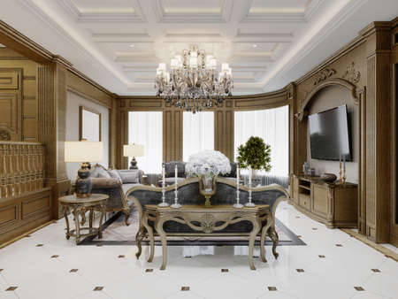 Classic living room with gray furnishings and carved patterned wood walls. 3d rendering.の写真素材