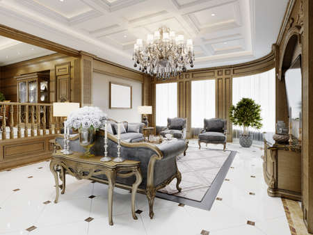 Classic living room with gray furnishings and carved patterned wood walls. 3d rendering.の写真素材