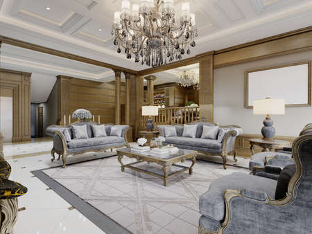Classic living room with gray furnishings and carved patterned wood walls. 3d rendering.の写真素材