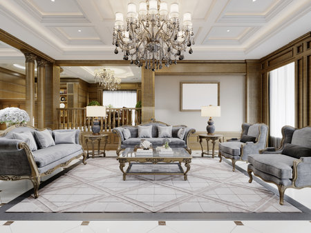Classic living room with gray furnishings and carved patterned wood walls. 3d rendering.の写真素材
