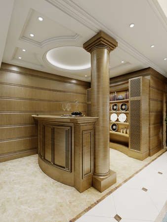 Wooden bar counter in a classic interior with wooden columns and shelves with decor. 3d rendering.の写真素材