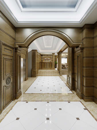 Large hall hallway in classic style with wooden walls and columns with arches and white tiles on the floor. 3d rendering.の写真素材