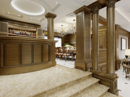 Wooden bar counter in a classic interior with wooden columns and shelves with decor. 3d rendering.の写真素材