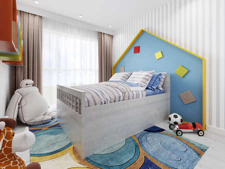 Fashionable nursery in white and blue colors with a high bed and a headboard in the shape of a house and a large window. 3d rendering.の写真素材