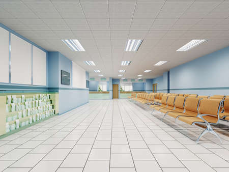 A waiting room in the clinic with orange chairs and light blue walls and white floors. 3d rendering.の写真素材