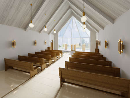 Altar and interior of the catalytic church with wooden benches and a large atrium window. 3D rendering.の写真素材