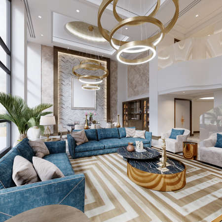Huge modern living room with large windows and high ceilings with seating area and TV area and dining area with a large designer table with chairs. 3D rendering.の写真素材