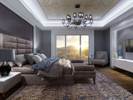 A modern bedroom with a brown bed and gray walls and a beautiful view from the window. 3D rendering.の写真素材