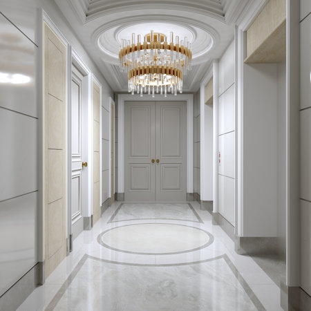 Classic corridor entrance hallway with white walls and doors with marble floor and hedgehog marble inserts with a large golden chandelier. 3D rendering.の写真素材