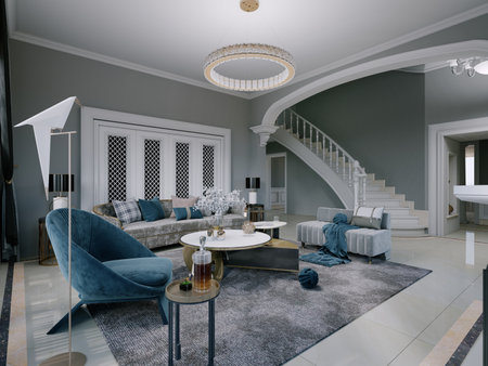 Trendy Fusion style living room interior with gray walls and blue upholstered furniture. 3Rendering.の写真素材