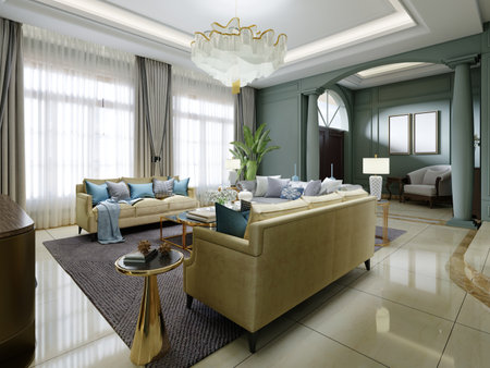 Living room with dark green walls and columns with yellow sofas, seating area with TV. 3D rendering.の写真素材
