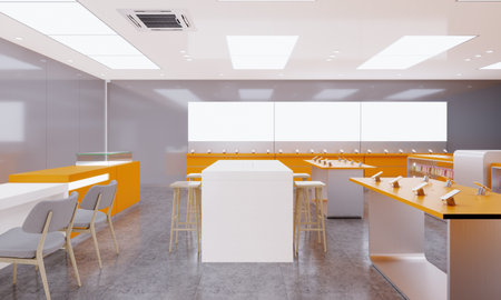 Design store selling mobile phones and accessories in the interior in orange color. 3D rendering.の写真素材