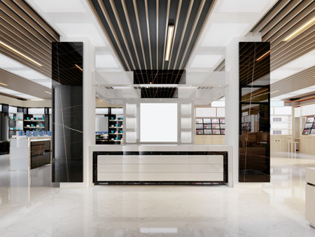 Design store entrance with cash desk counter for customer. 3D rendering.の写真素材