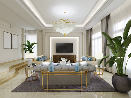 Bright living room in a classic style with seating area and TV. 3D rendering.の写真素材