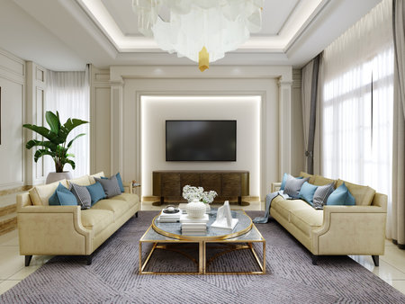 Bright living room in a classic style with seating area and TV. 3D rendering.の写真素材