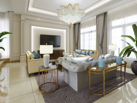 Beautiful interior in beige tones with yellow upholstered furniture and golden side tables with decor. 3D rendering.の写真素材