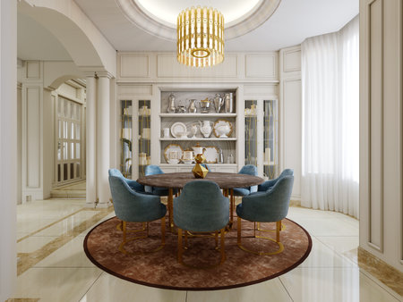 Dining room with brown round table and blue upholstered chairs and shelves with kitchen decor and brown carpet. 3D rendering.の写真素材