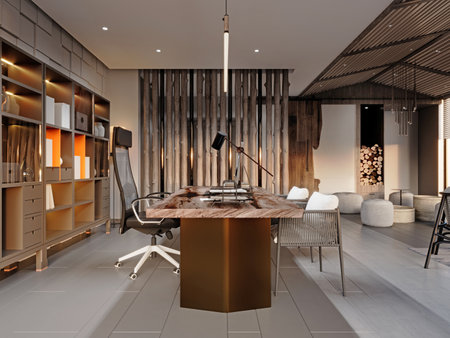 Loft style office with executive desk with two side chairs and a large shelving unit by the wall with orange shelves in a contemporary style.の写真素材