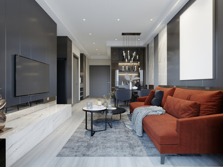 Gray and white interior of the living room with a red sofa in a modern design.の写真素材