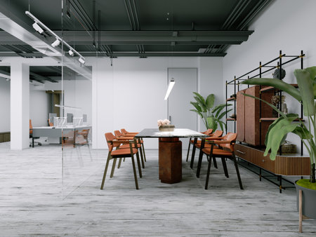 Modern office with open space and meeting area with orange furniture. 3d rendering.の写真素材