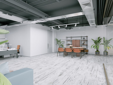 Modern office with open space and meeting area with orange furniture. 3d rendering.の写真素材