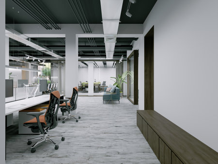 Modern office space with work tables with plants. 3d rendering.の写真素材