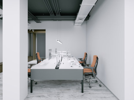Office workspace with orange chairs and white interior. 3d rendering.の写真素材