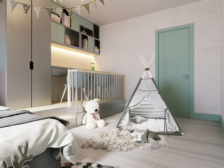 Children's teenage room with a tent in light colors and colors. 3d rendering.の写真素材