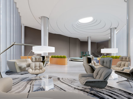 A real estate sales office with a large modern interior with seating area for negotiation and building mock-up for display. 3d rendering.の写真素材