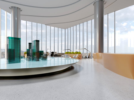 A real estate sales office with a large modern interior with seating area for negotiation and building mock-up for display. 3d rendering.の写真素材