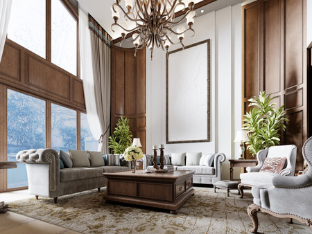 Large sitting area with high ceilings and American style wood paneling on the walls and a large window to the ceiling. 3d rendering.の写真素材