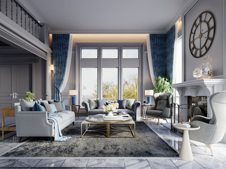 Living room in a classic style with classic upholstered furniture in the interior in white and blue. 3d rendering.の写真素材