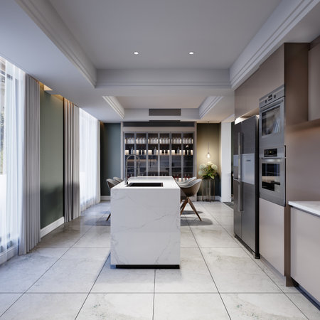 White kitchen island in a modern kitchen with a large glass sideboard with crockery with kitchen furniture in brown. 3d rendering.の写真素材