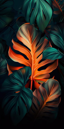 Bunch of green and orange leaves on black background, AI generation, AI, generation.の素材